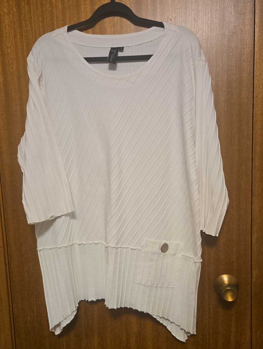 Oversized White Ribbed Tunic Top with Pocket Detail